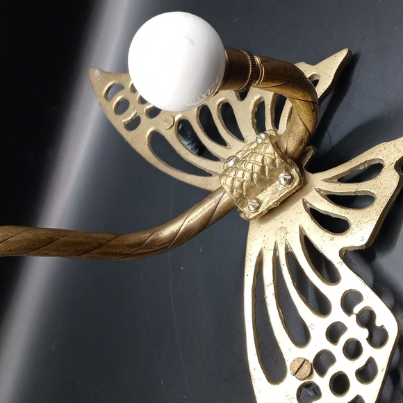 Vintage Brass Butterfly Wall Hook with White Ceramic Knobs - Picture 4 of 5